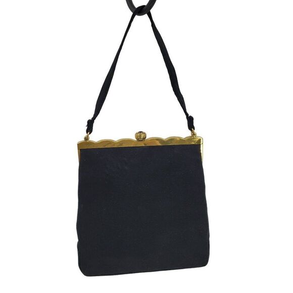 Vintage 60s Formal Evening Bag Black Gold Scalloped Trim Push Lock Clasp USA - Picture 1 of 13